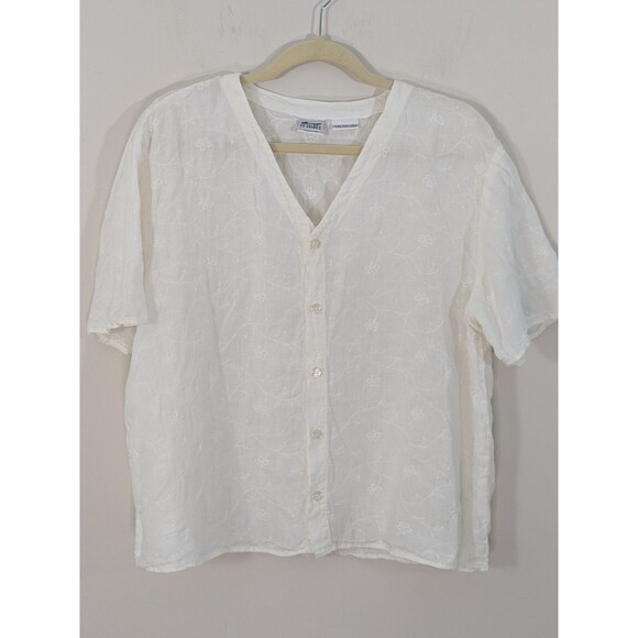 CP Shades Irish Linen Top Vintage Women’s Button Up White Embroidered Boxy Sz M - Picture 1 of 8